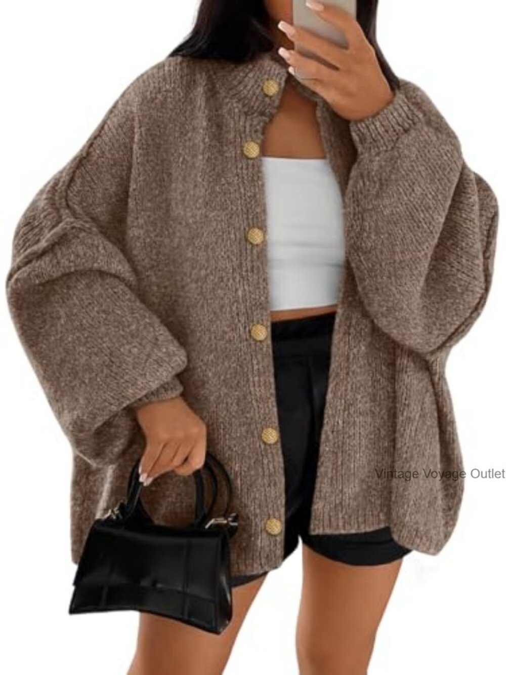 Oversized Chunky Knit Cardigan Sweater Mock Neck Button Front Fall
